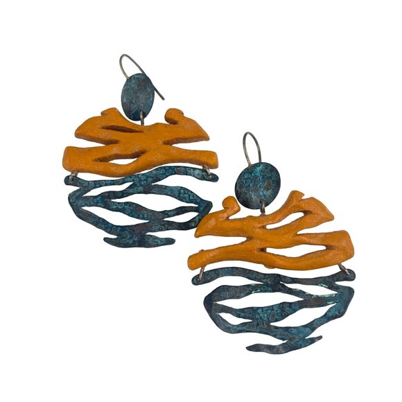 Handcrafted Abstract Art Earrings With Orange & Blue Design Wood and oxidized me - Picture 5 of 7